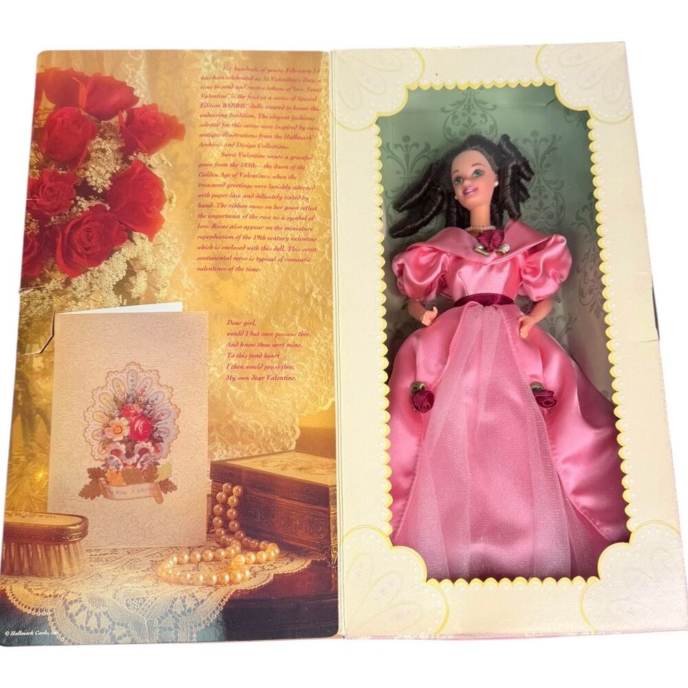 Barbie Doll Sweet Valentine '95 Hallmark Brunette Pink Gown Jewelry Shoes Mattel